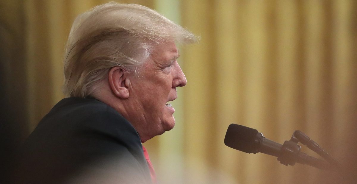 WASHINGTON, DC - AUGUST 20: U.S. President Donald Trump speaks at a "Salute to the Heroes of the Immigration and Customs Enforcement and Customs and Border Protection" event at the White House August 20, 2018 in Washington, DC. Trump thanked members of the border patrol and immigration enforcement community for their service during the event. 