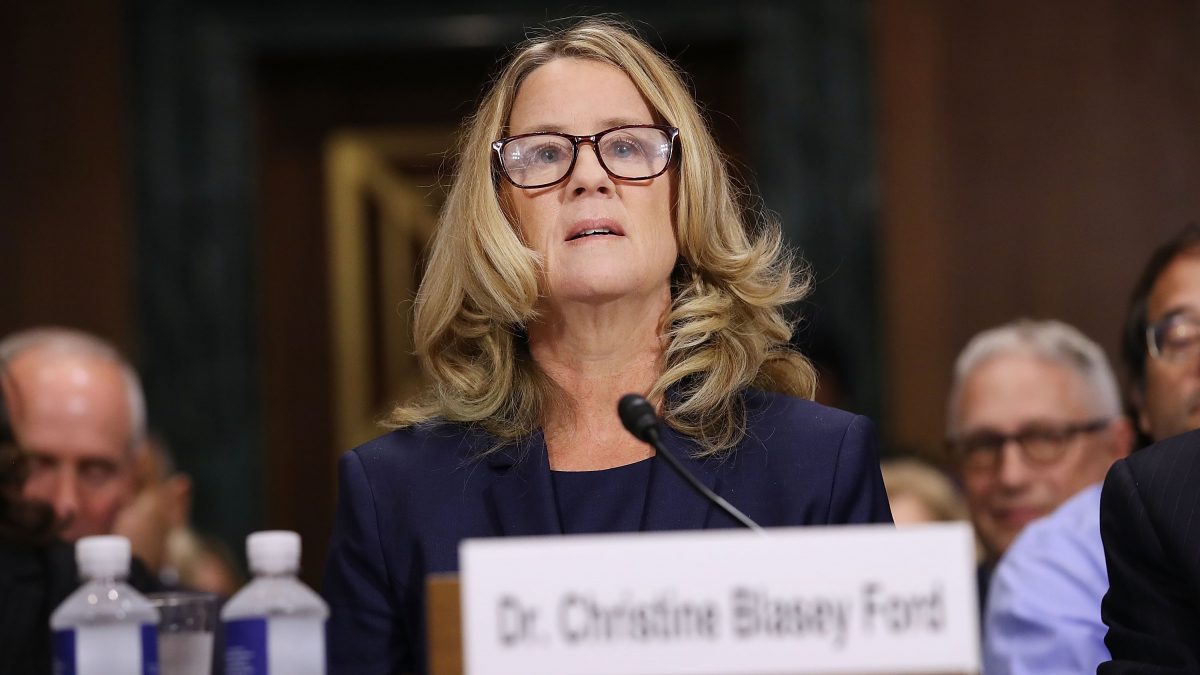 WASHINGTON, DC - SEPTEMBER 27: Christine Blasey Ford prepares to testify before the Senate Judiciary Committee in the Dirksen Senate Office Building on Capitol Hill September 27, 2018 in Washington, DC. A professor at Palo Alto University and a research psychologist at the Stanford University School of Medicine, Ford has accused Supreme Court nominee Judge Brett Kavanaugh of sexually assaulting her during a party in 1982 when they were high school students in suburban Maryland.