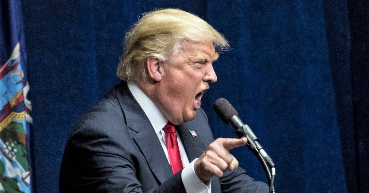 BETHPAGE, NEW YORK - APRIL 06: Republican Presidential Candidate Donald Trump speaks at a campaign rally on April 6, 2016 in Bethpage, New York. The rally comes ahead of the April 15 New York primary.