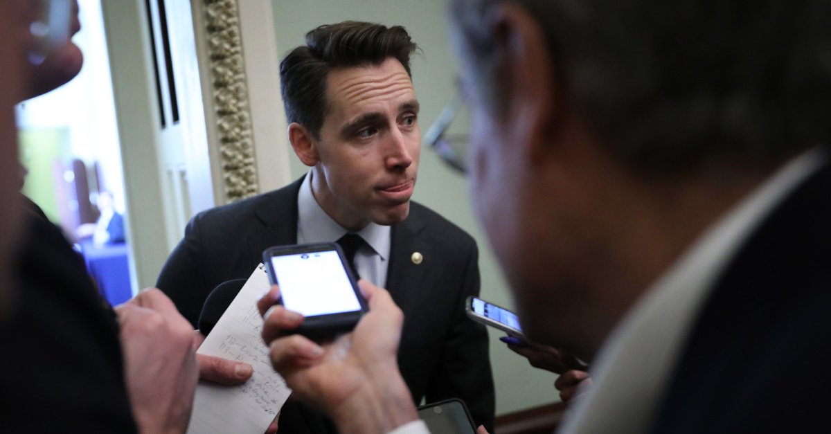 WASHINGTON, DC - JANUARY 21: Sen. Josh Hawley (R-MO) talks to reporters before heading into the weekly Senate Republican policy luncheon at the U.S. Capitol January 21, 2020 in Washington, DC. Senators will vote Tuesday on the rules for President Donald Trump's impeachment trial, which is expected to last three to five weeks.