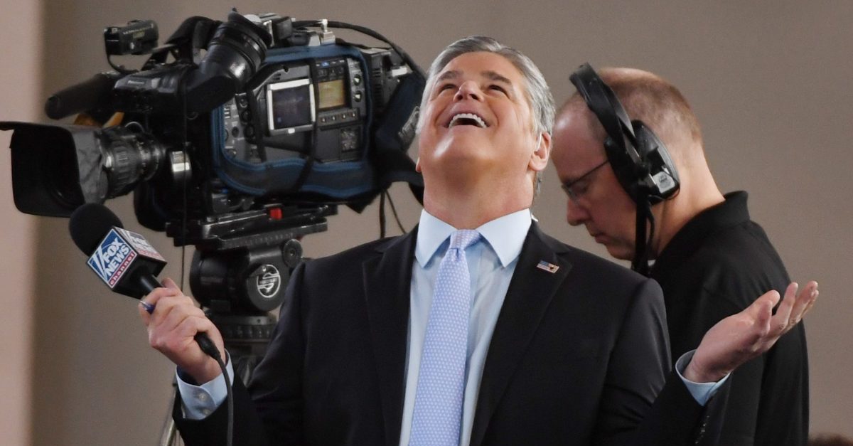 LAS VEGAS, NV - SEPTEMBER 20: Fox News Channel and radio talk show host Sean Hannity reacts to attendees before a Donald Trump campaign rally at the Las Vegas Convention Center on September 20, 2018 in Las Vegas, Nevada. Trump is in town to support the re-election campaign for U.S. Sen. Dean Heller (R-NV) as well as Nevada Attorney General and Republican gubernatorial candidate Adam Laxalt and candidate for Nevada's 3rd House District Danny Tarkanian and 4th House District Cresent Hardy. (Photo by Ethan Miller/Getty Images)