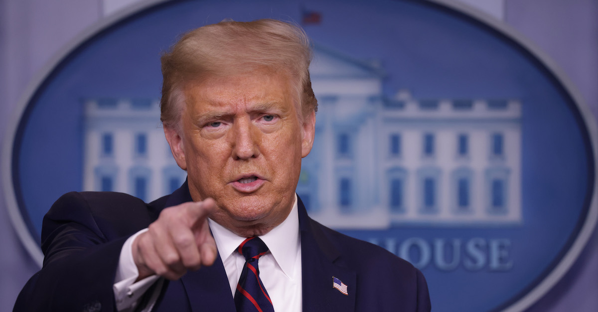 WASHINGTON, DC - JULY 30: U.S. President Donald Trump speaks during a news conference in the James Brady Briefing Room of the White House July 30, 2020 in Washington, DC. Earlier in the day Trump suggested in a tweet that November‚Äôs general election should be postponed, citing his unsubstantiated assertions of widespread mail-in voter fraud amid the coronavirus pandemic.