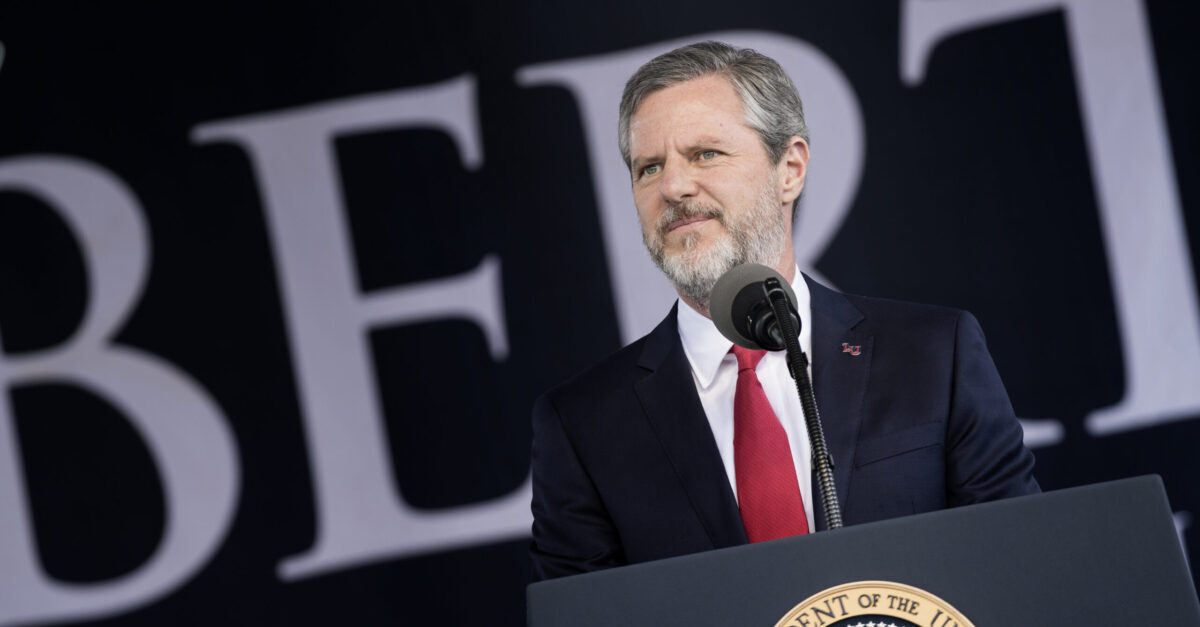 President of Liberty University Jerry Falwell, Jr. speaks during Liberty University's commencement ceremony May 13, 2017 in Lynchburg, Virginia.