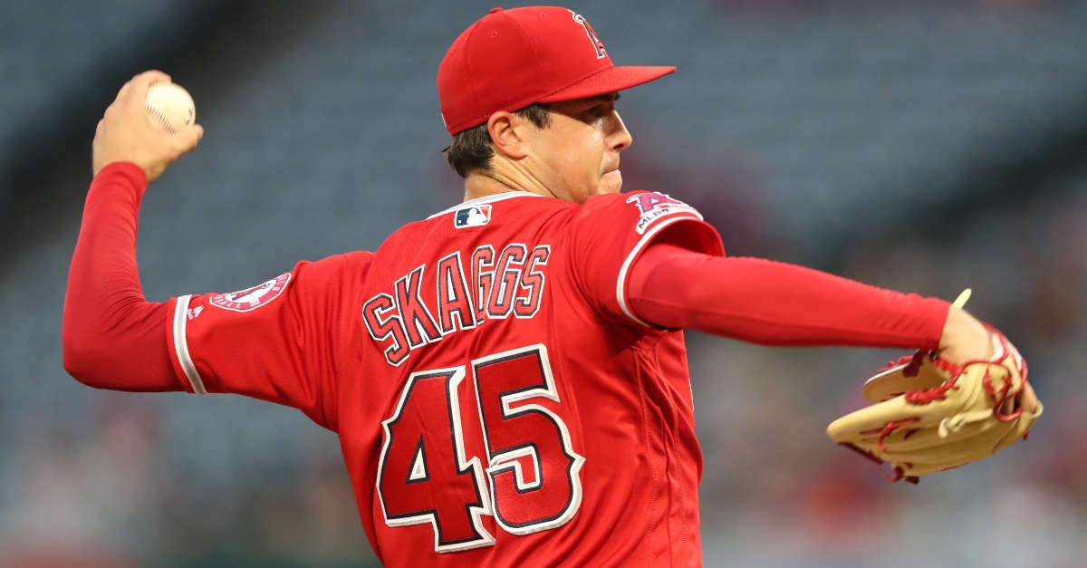 Los Angeles Angels Pitcher Tyler Skaggs about to throw a ball.