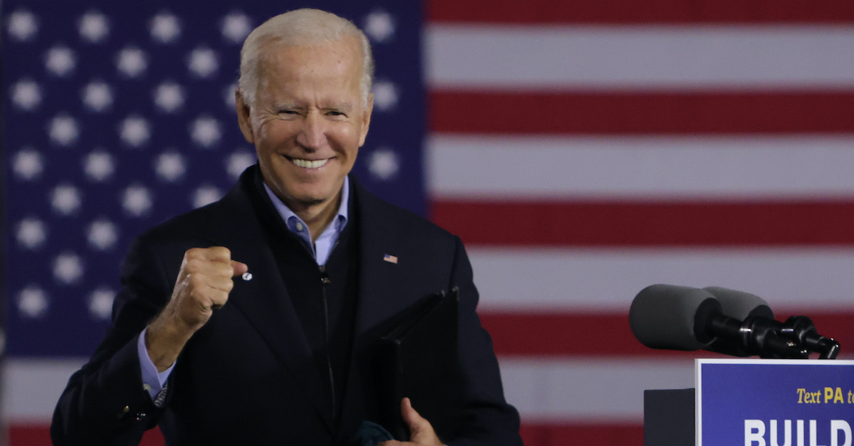 Then-candidate Joe Biden gestures during a campaign stop outside Johnstown Train Station September 30, 2020 in Johnstown, Pennsylvania. (Photo by Alex Wong/Getty Images)