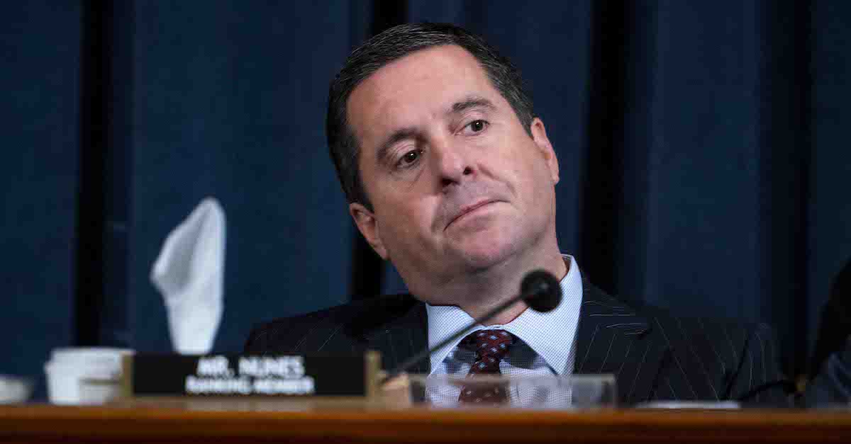 WASHINGTON, DC - NOVEMBER 20: Ranking Member Rep. Devin Nunes (R-CA) listens to Gordon Sondland, the U.S ambassador to the European Union, testify before the House Intelligence Committee in the Longworth House Office Building on Capitol Hill November 20, 2019 in Washington, DC. The committee heard testimony during the fourth day of open hearings in the impeachment inquiry against U.S. President Donald Trump, whom House Democrats say held back U.S. military aid for Ukraine while demanding it investigate his political rivals and the unfounded conspiracy theory that Ukrainians, not Russians, were behind the 2016 computer hacking of the Democratic National Committee. 