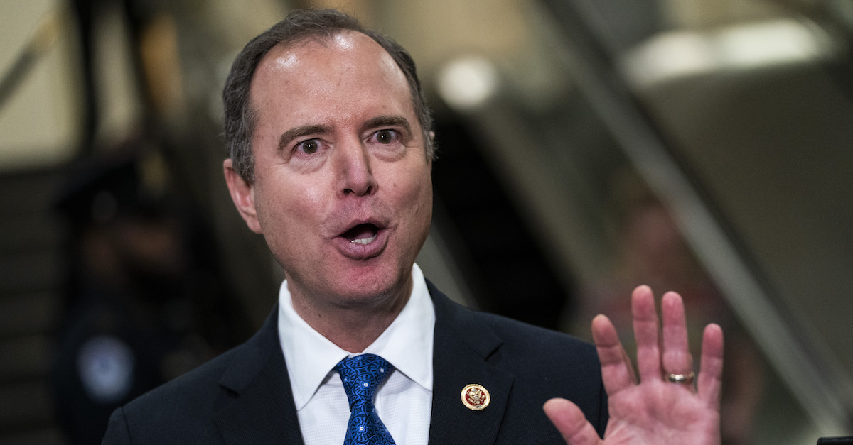 WASHINGTON, DC - JANUARY 27: U.S. House impeachment manager Rep. Adam Schiff (D-CA) speaks to the media during a dinner break in the Senate impeachment trial at the U.S. Capitol January 27, 2020 in Washington, DC. The defense team will continue its arguments on day six of the Senate impeachment trial against President Donald Trump. 