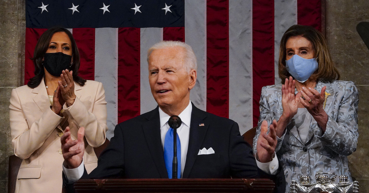 President Biden addresses Congress, with Nancy Pelosi on his left and Vice President Kamala Harris at his right