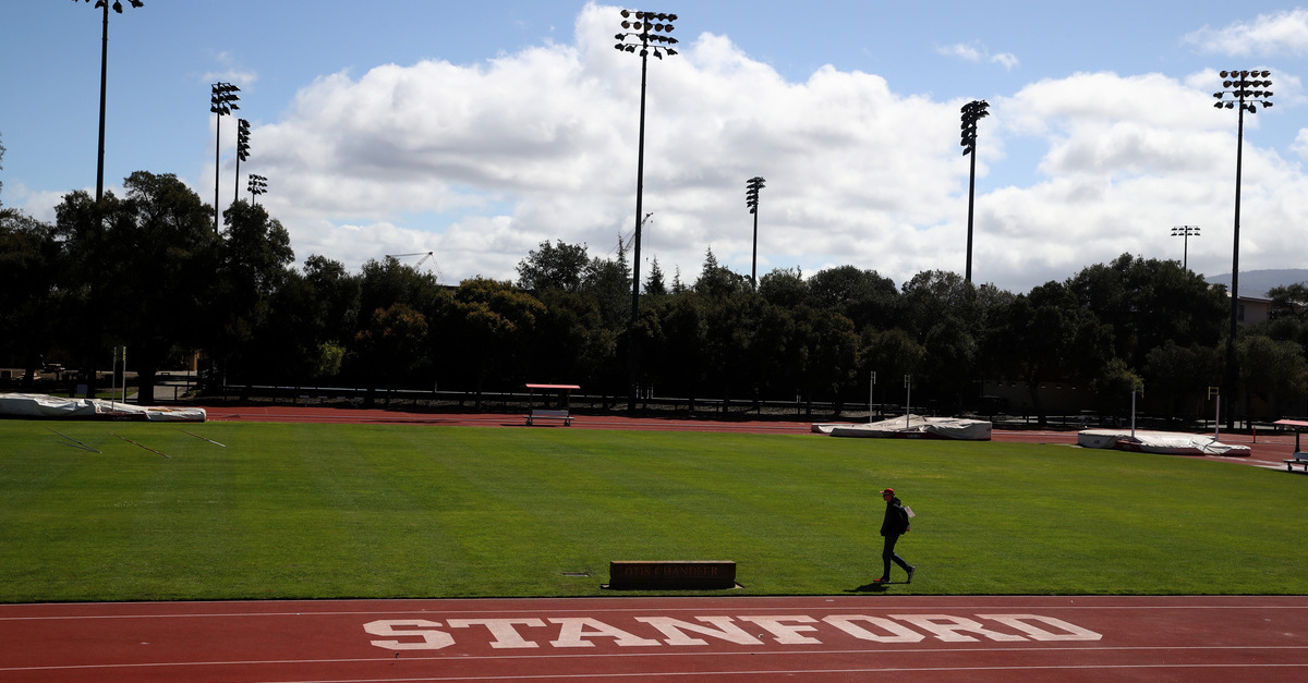 Stanford logo seen on a track at the school