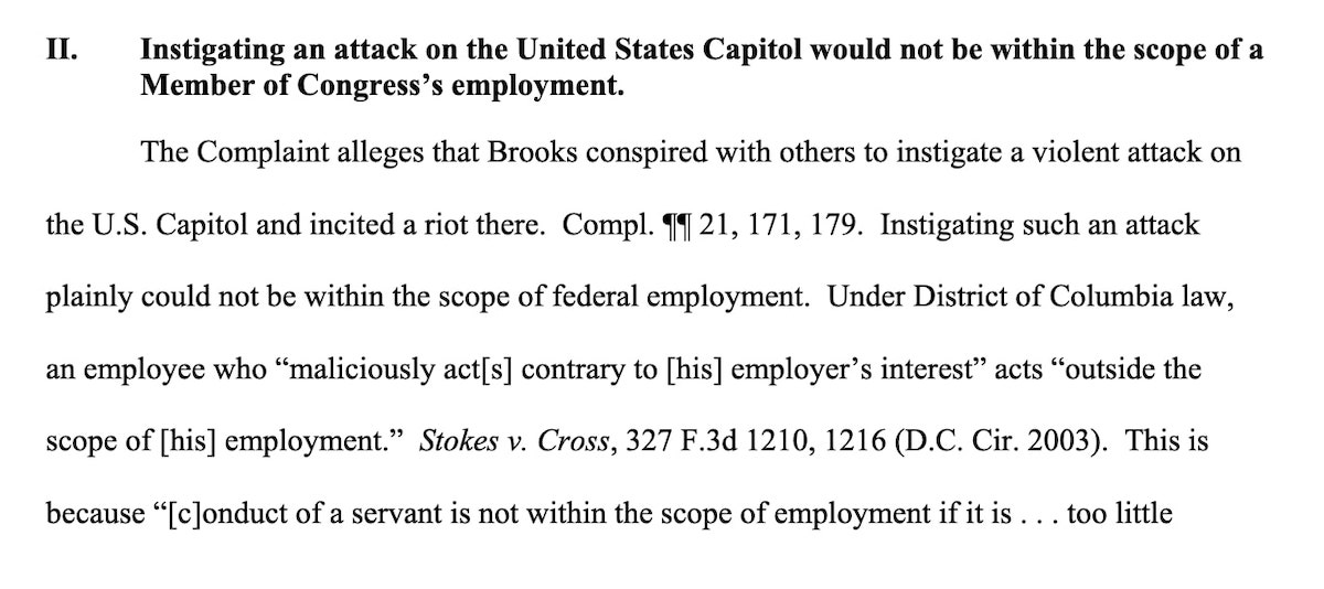 Screenshot from DOJ brief rejecting Westfall Act certification for Mo Brooks