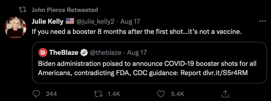 A tweet retweeted by John Pierce expressing skepticism about COVID-19 health measures