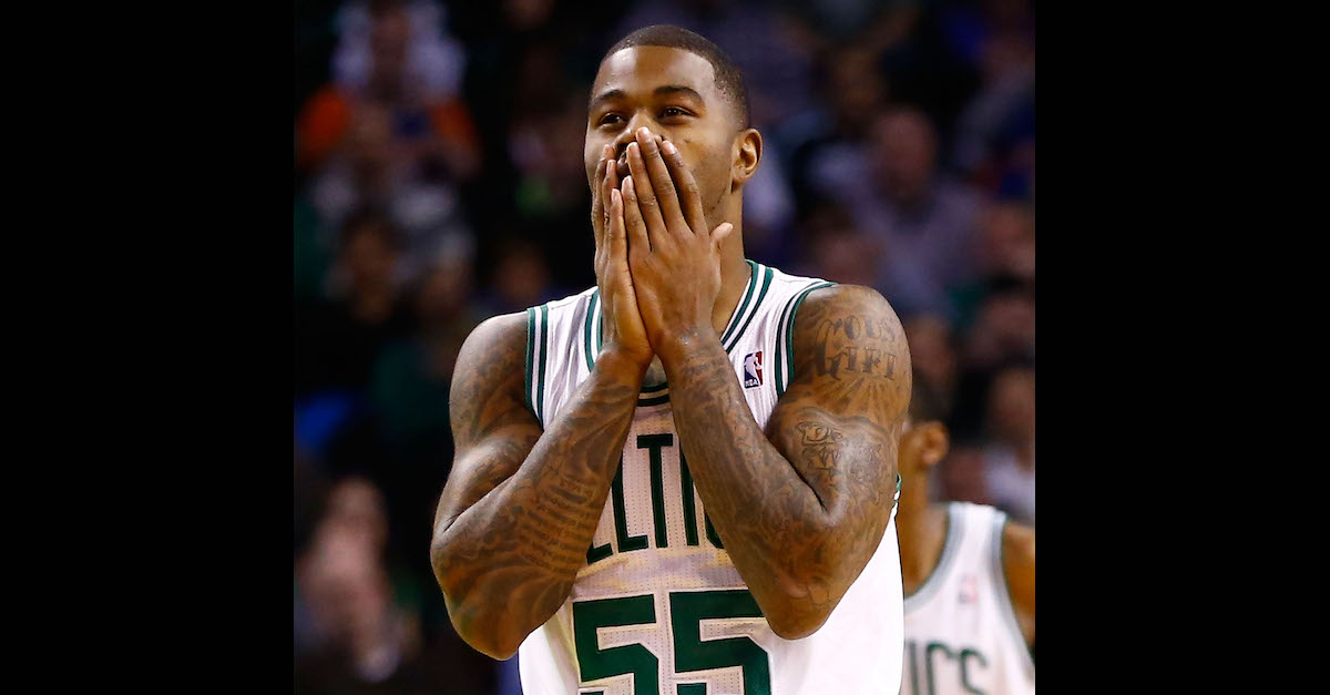 Terrence Williams, then of the Boston Celtics, reacts after being called for a foul against the New York Knicks during a game on March 26, 2013 at TD Garden in Boston, Massachusetts. 