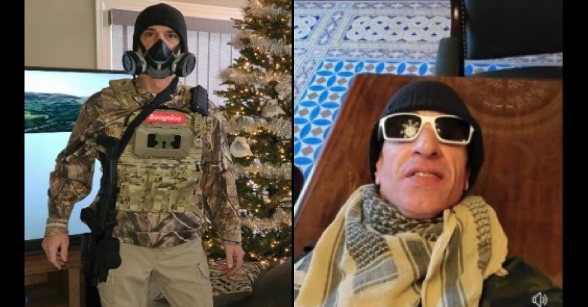 Steven Thurlow in military-style gear with a "Boogaloo" patch (left), inside the Capitol (right)