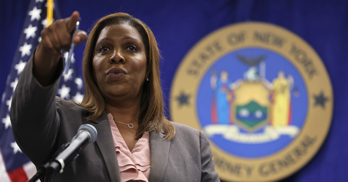 New York Attorney General Letitia James appears in a May 21, 2021 file photo taken at a press conference in New York City. (Photo by Michael M. Santiago/Getty Images)