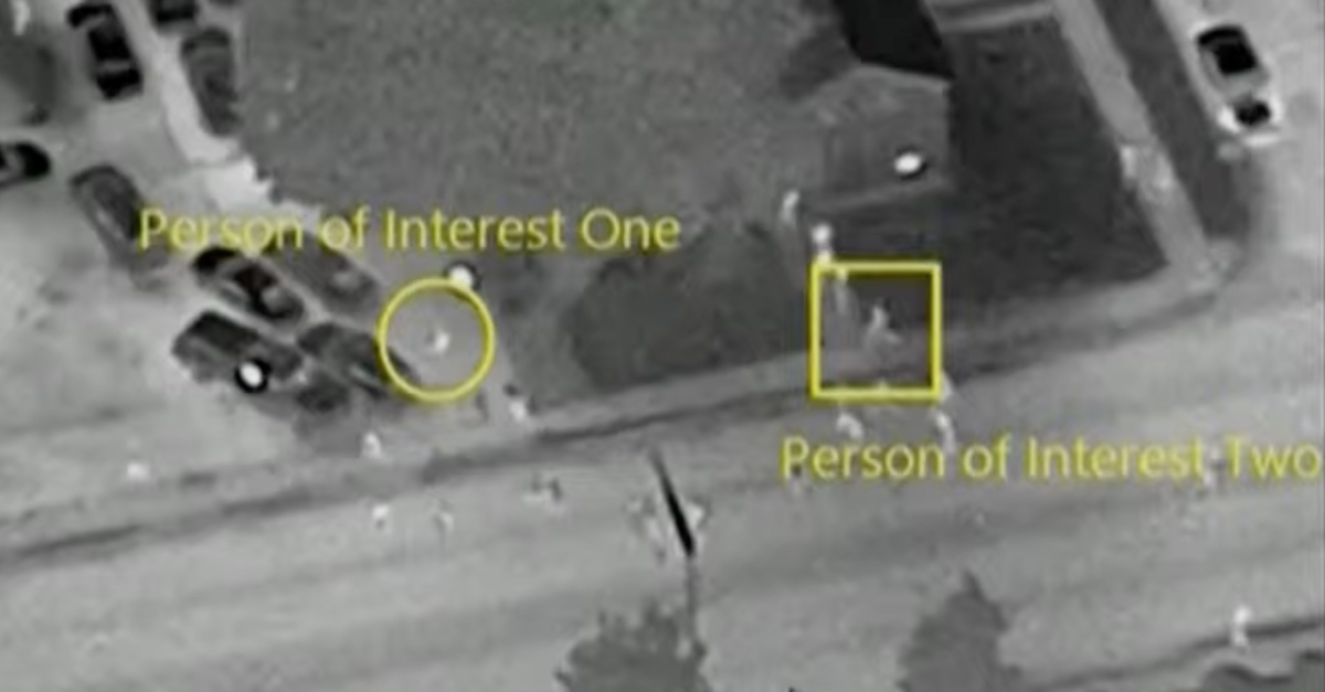 A still frame from an FBI surveillance plane shows who prosecutors say was Kyle Rittenhouse (framed by a square) running toward Joseph Rosenbaum (framed by a circle). Their positions reversed, with Rosenbaum running after Rittenhouse, before Rittenhouse eventually killed Rosenbaum. (Image via evidence exhibit/the Law&Crime Network.)