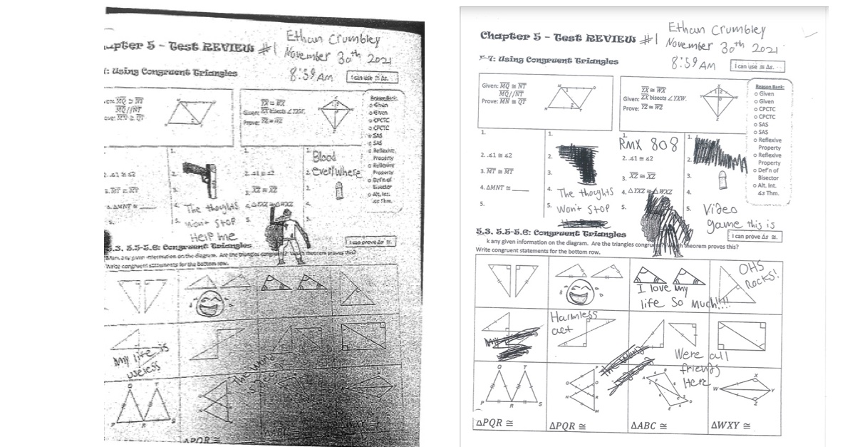 Drawings by Ethan Crumbley before he allegedly shot and killed four people at Oxford High School. The drawings on the left are the original, as photographed by a teacher; the drawings on the right were modified after Crumbley's parents were called to the school, prosecutors say.
