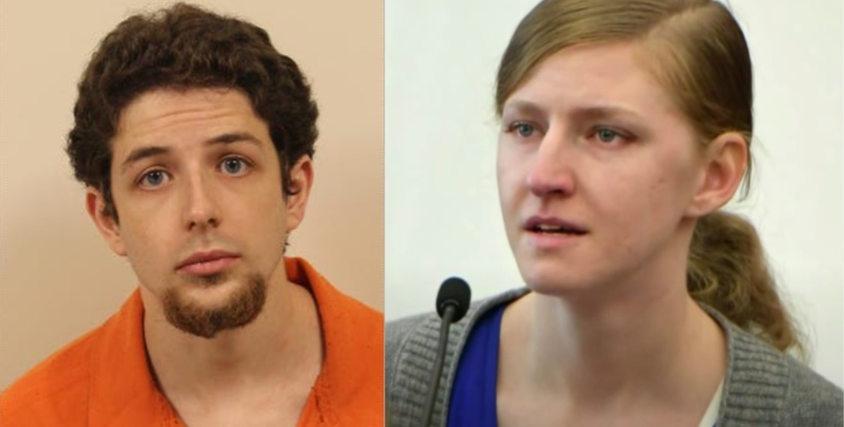 Booking photo of Jonathan Lind, and WBZ screenshot of Julia Enright testifying in her murder trial.