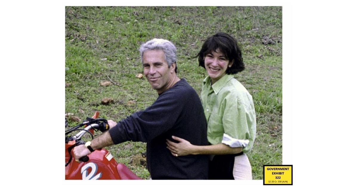 Ghislaine Maxwell sits behind Jeffrey Epstein on a motorcycle