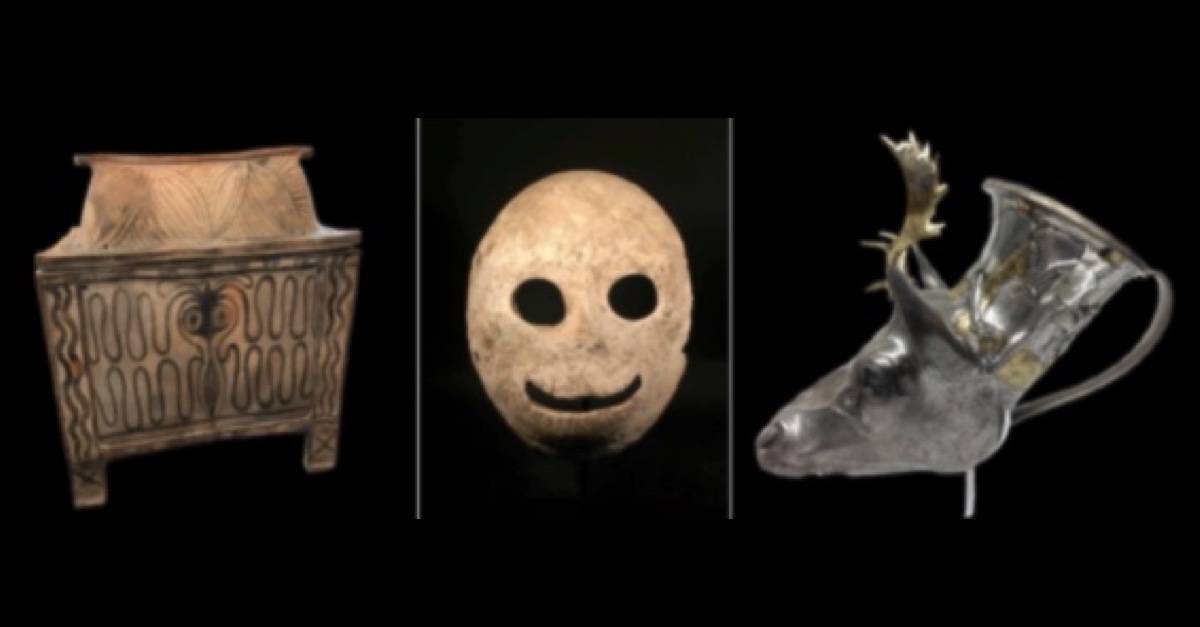 Artifacts surrendered by Michael Steinhardt include (L-R) the Larnax, a Death Mask, and Stag's Head Rhyton.