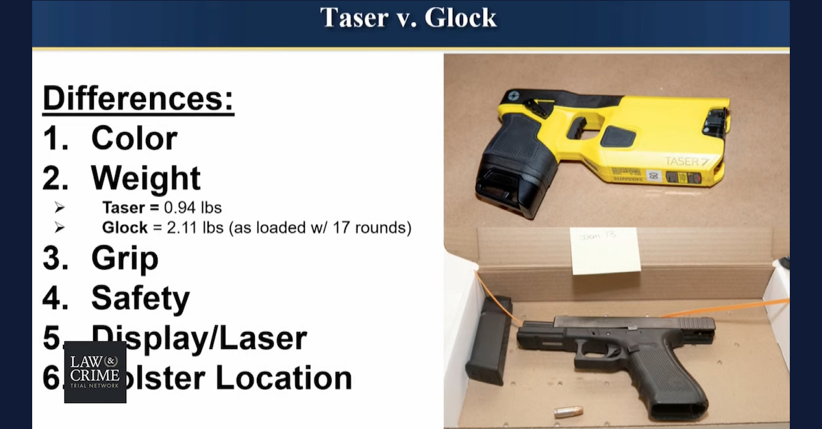 A slide presented by prosecutors during opening statements walked jurors through the differences between Kimberly Potter's taser and her service firearm. (Image via a slide used during prosecution opening statements.)