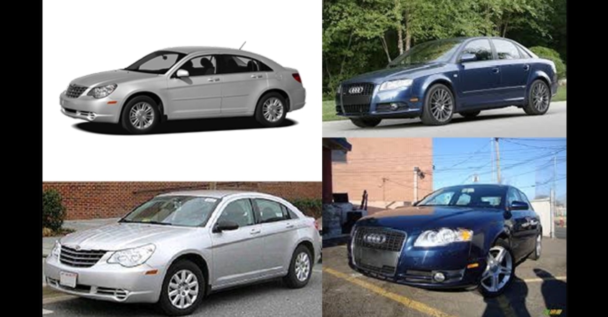 Representative photos of a silver 2010 Chrysler Sebring (left), and dark blue 2006 Audi S4 (right). These are not the Montgomery vehicles but are of the same make, model, and color, authorities say.