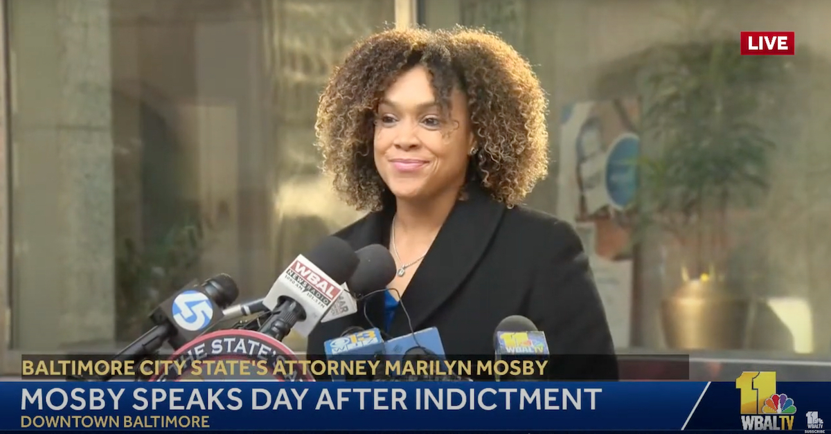 Marilyn Mosby speaks about a federal indictment filed against her. (Image via WBAL-TV/YouTube screengrab.)