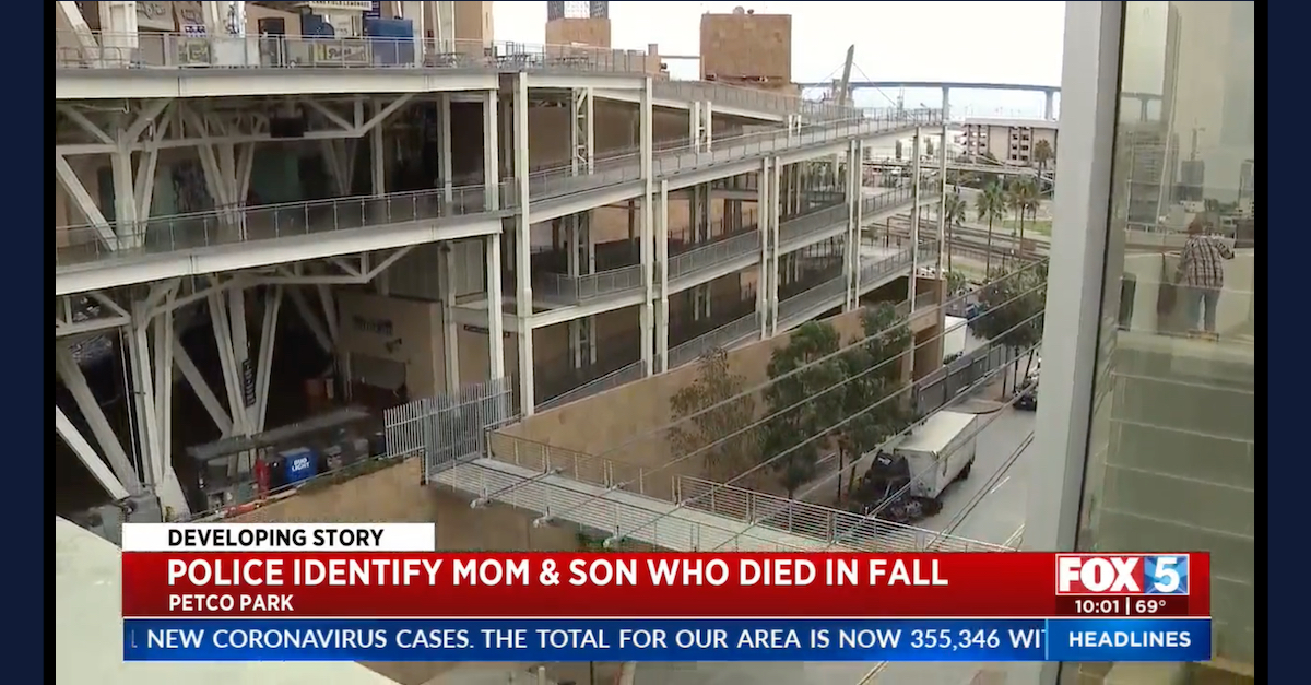 A KWSB-TV screengrab shows the area of Petco Park in San Diego, Calif., where Raquel Wilkins and her son fell to their deaths.