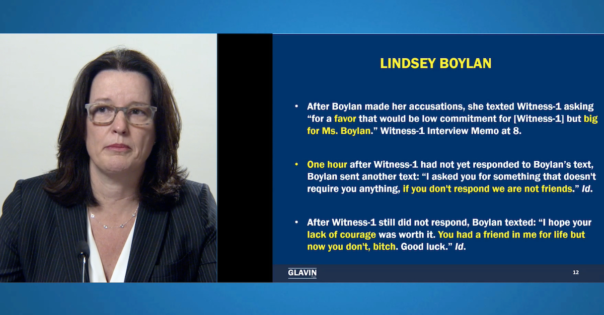 Rita Glavin asserts that statements between Lindsay Boylan and a friend raise questions about Boylan's veracity.