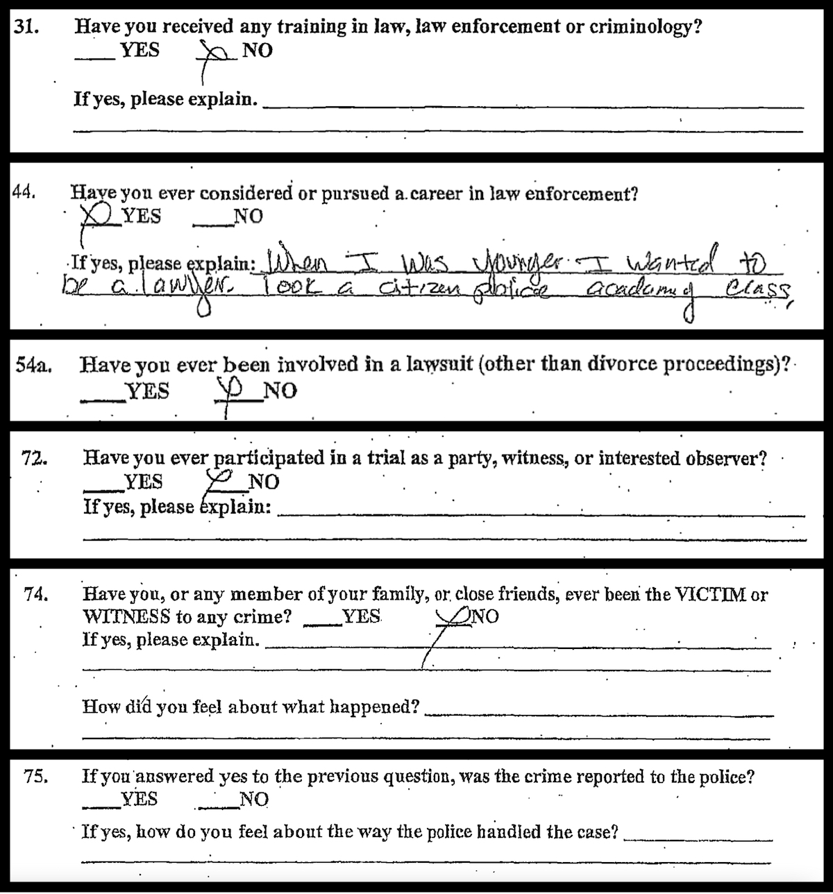 Scott Peterson's defense team says these selections from Richelle Nice's March 9, 2004 juror questionnaire suggest she was trying to hide her past in order to get on the jury. 