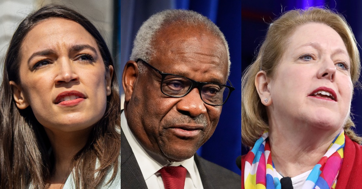 Alexandria Ocasio-Cortez (L) Clarence Thomas (C) and Ginni Thomas (R)