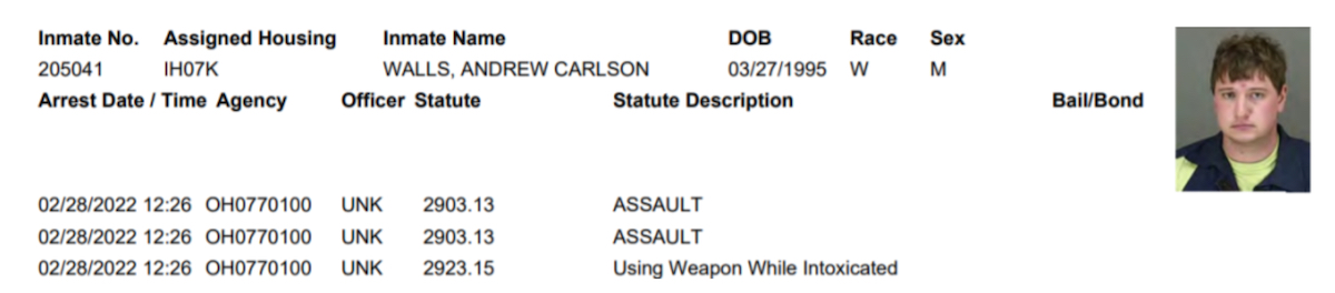 Walls surrendered on Monday and was out on bail Tuesday (inmate record above).