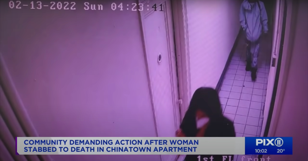 Surveillance video allegedly shows Assamad Nash approaching Christina Yuna Lee in her building.  (Image via WPIX-TV screengrab.)