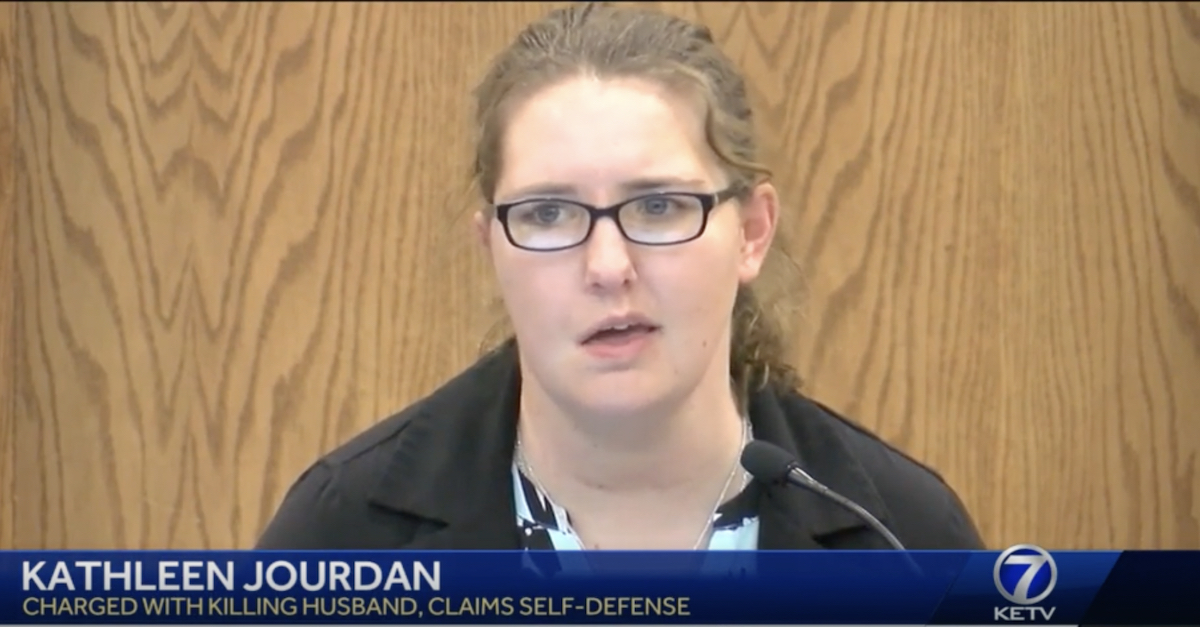 Kathleen Jourdan testifying during her murder trial. (via KETV)