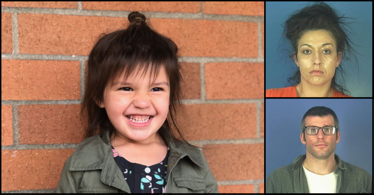 Andrew Carlson (bottom right) entered a guilty plea to child endangerment charges 13 months after his daughter Oakley (left) was last seen. Oakley's mother Jordan (top right) will face the same charges at trial next month. (All images via the Grays Harbor Sheriff's Office.)
