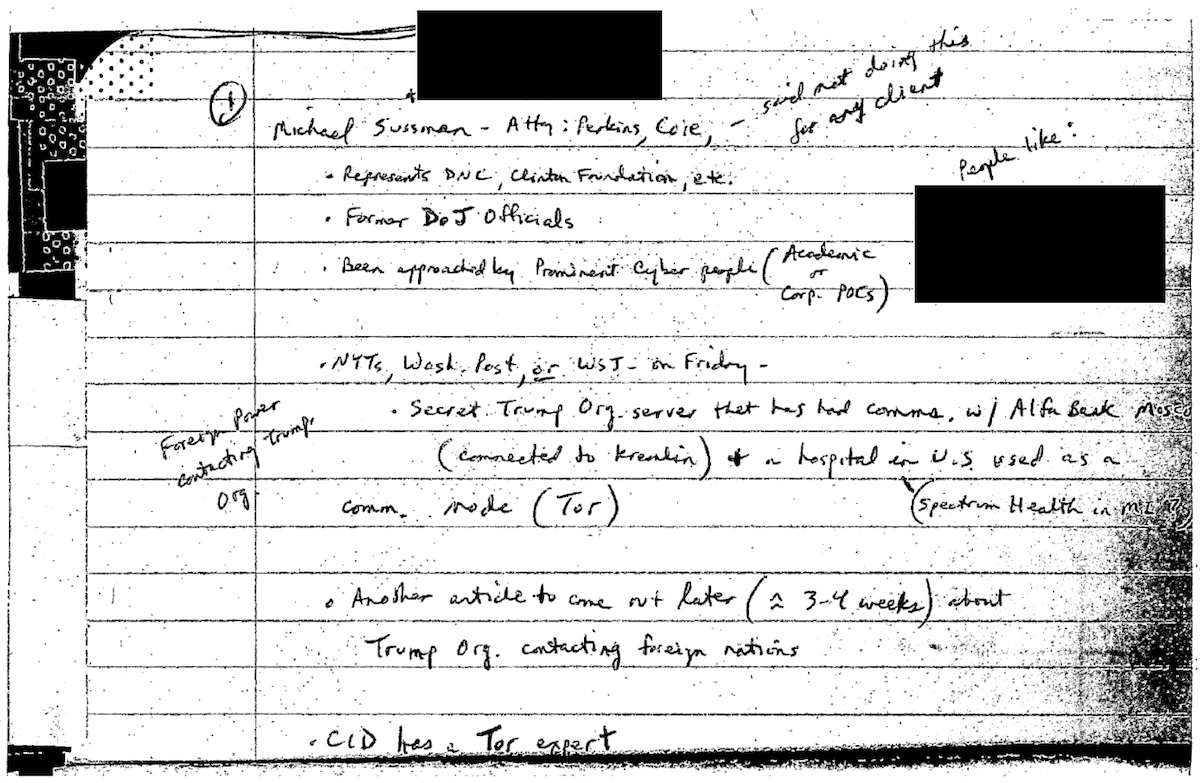 A screengrab of John Durham's April 4, 2022 Motion in Limine contains a black-and-white copy Bill Priestap's handwritten notes regarding Michael Sussmann.