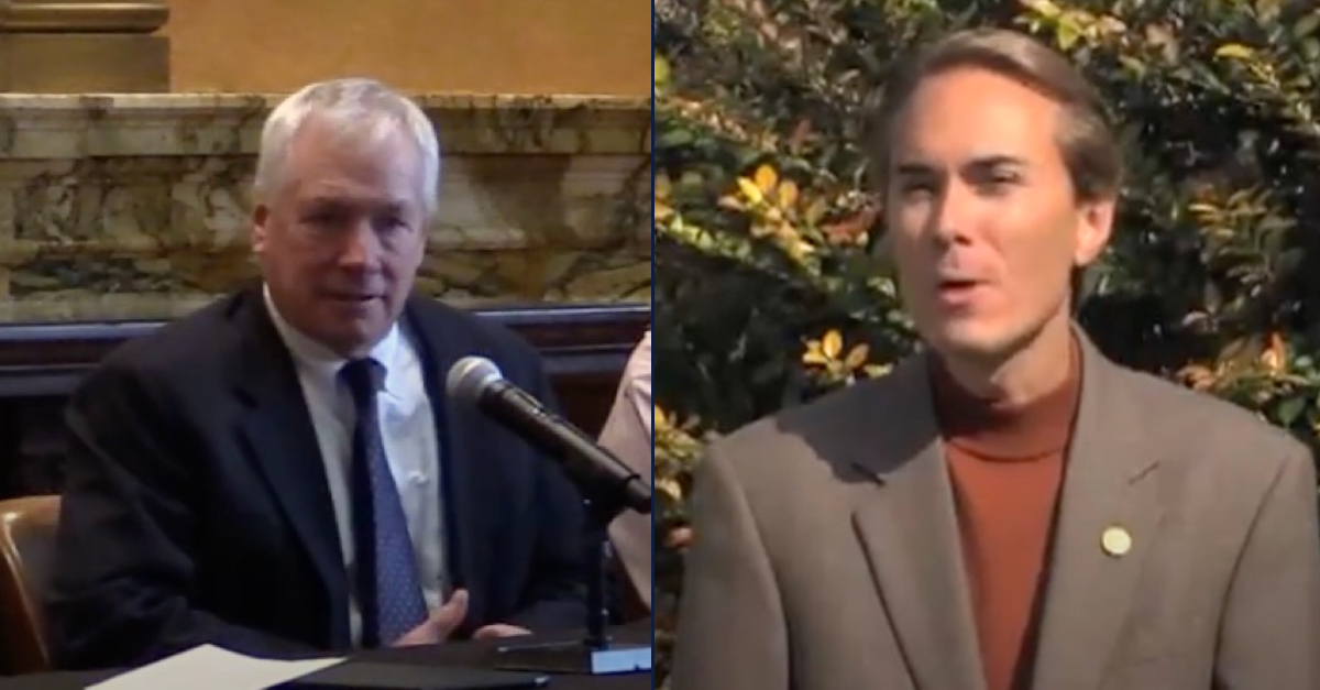 John Keeler speaking on panel on Jan. 10, 2019 (left); former Indiana state senator Brent Waltz (right) 