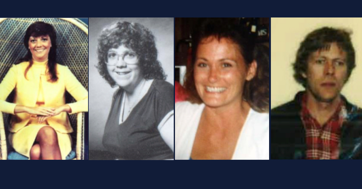 From left to right: Vicki Heath, Margaret "Peggy" Gill, and Jeanne Gilbert, all believed to have been killed by Harry Edward Greenwell (R). 