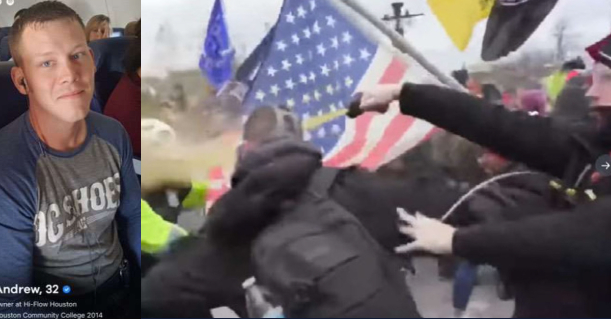 Andrew Taake in a picture posted on the Bumble dating app (left); Taake allegedly deploying chemical spray on police officers while holding a metal whip in a confrontation outside the U.S. Capitol on Jan. 6 (right)