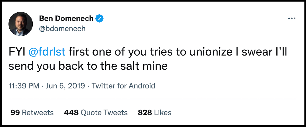 A screenshot shows a tweet by The Federalist's Ben Domenech which became the subject of a National Labor Relations Board case — a case which rose to the Third Circuit Court of Appeals.
