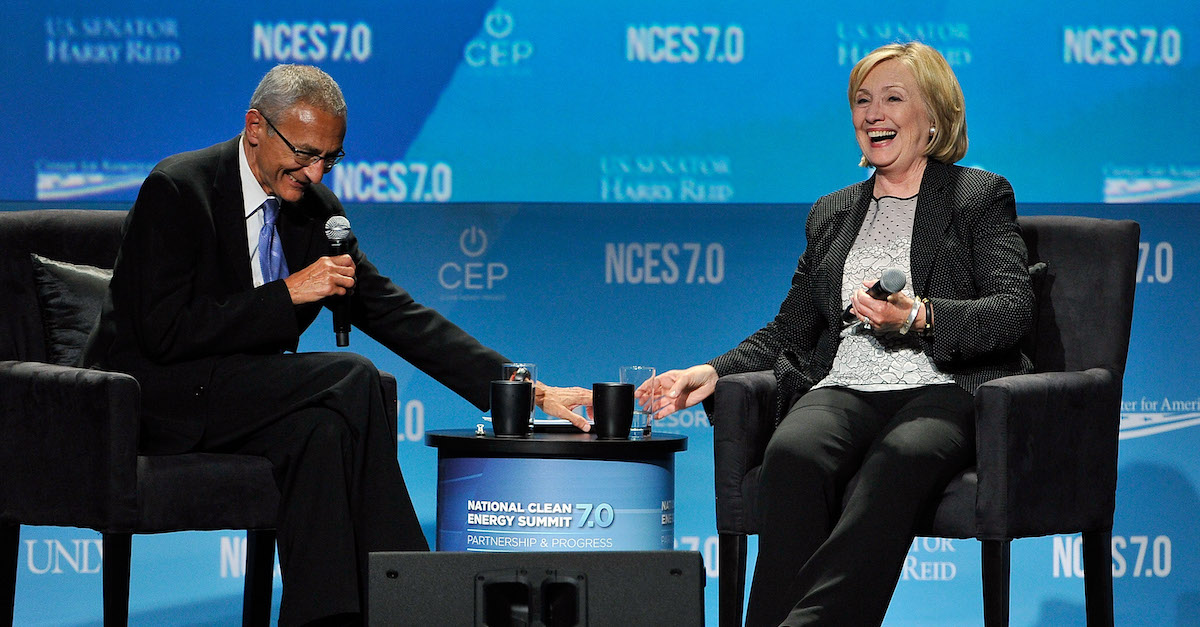 John Podesta and Hillary Clinton spoke at the National Clean Energy Summit 7.0 on September 4, 2014 in Las Vegas. (Photo by David Becker/Getty Images for National Clean Energy Summit.)