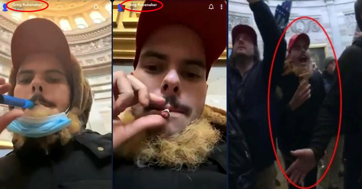 Greg Rubenacker is seen smoking and vaping inside the U.S. Capitol on Jan. 6; he is also among the crowd in the Rotunda. 