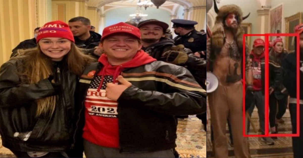 Nolan Kidd and Savanna McDonald in the Capitol on Jan. 6, in one picture seen next to Jacob Chansley, aka the "QAnon shaman."