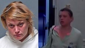 Stephanie Beard pictured in a booking photo, via the Manchester Police Department (left) and in surveillance footage, via the New Hampshire Department of Justice (right).