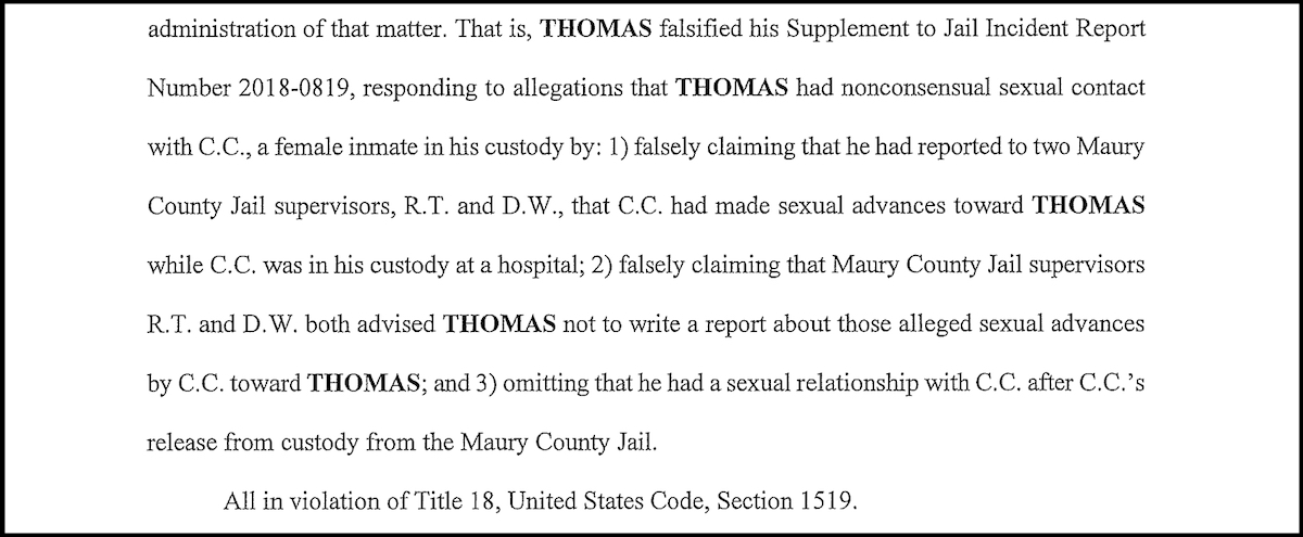 A section of James Stewart Thomas's federal indictment lays out the basis for the charge.