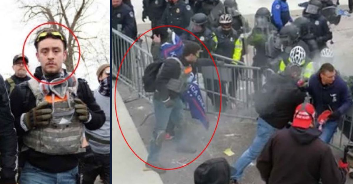 Ryan Ashlock, a member of the Proud Boys, is seen walking toward the Capitol on Jan. 6, and then pulling on a police barrier as rioters confront police on Jan. 6.