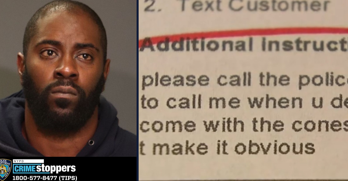 Left: booking photo of Kemoy Royal, suspected of multiple sexual assaults in the Bronx. Right: a message sent to food-delivery app Grubhub from an alleged victim, asking to call the police (via WABC)
