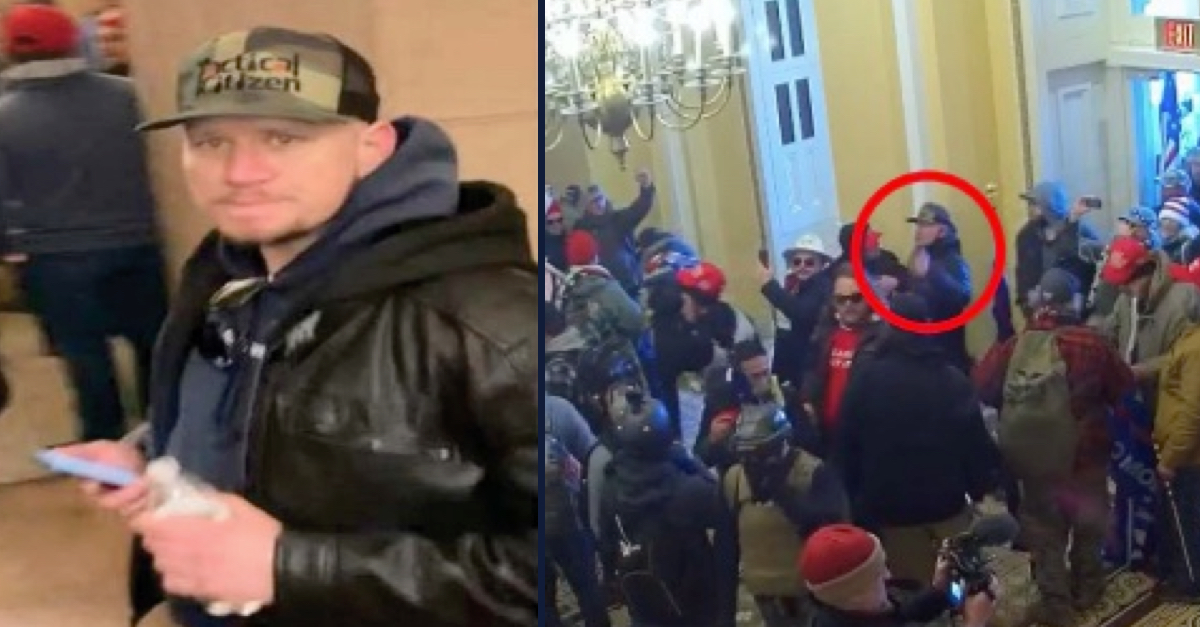 Andrew Cavanaugh is seen in close-up inside the Capitol on Jan. 6, left; Cavanaugh seen on security footage just after entering the Capitol, right.