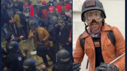 Left: Geoffrey Shough is seen confronting police in the Capitol on Jan. 6. Right: Shough is seen in a helmet and goggles at the Capitol on Jan. 6.