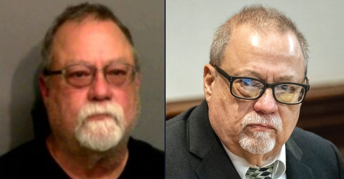Gregory McMichael in his mugshot, left, and at his criminal trial in November 2021, right. 