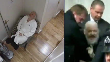 Left: Julian Assange is seen on surveillance video inside the Ecuadorian embassy. Right: Assange is removed from the embassy.